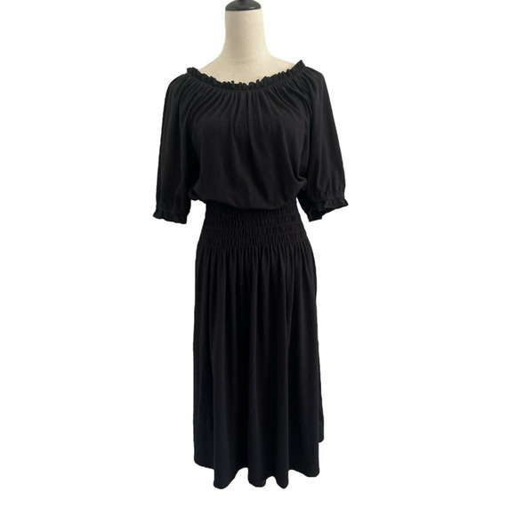 Sundry Smock-Waist Dress Womens Medium Black Midi Pullover Stretch USA NWT - Picture 3 of 13